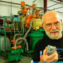 Dr. Oliver Sacks circa 2004 with his Iridium slab and the electron beam furnace that created it